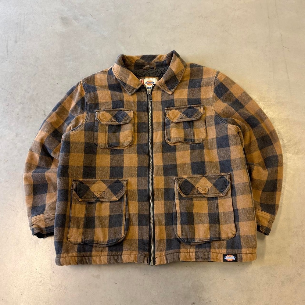 Vintage Dickies Plaid Sherpa Lined Zip Up Work Jacket Mens XL Brown